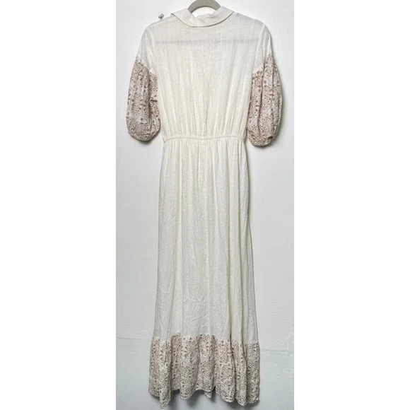 SOLITAIRE White Linen Blend Button Front Dress Embroidered Puff Sleeve Belted - Picture 8 of 9